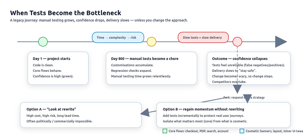 Timeline showing how a website starts with high confidence, then accumulates manual testing overhead over time.
As tests become unreliable and delivery slows, competitors overtake.
The diagram contrasts a risky full rewrite with an alternative approach:
incremental automated testing and isolating core user journeys from cosmetic changes.
